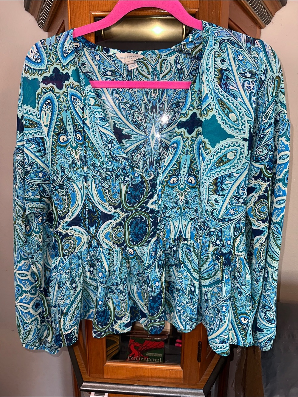 belle sky Blue Paisley V-Neck Long Sleeve Peplum Top